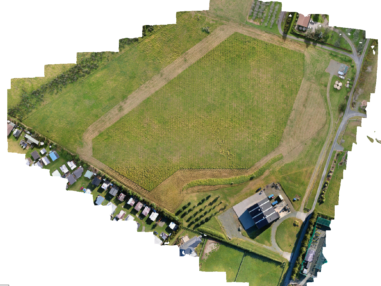 Drone orthophoto showing survey coverage of the brewery, vineyard and surrounding land in Mangawhai